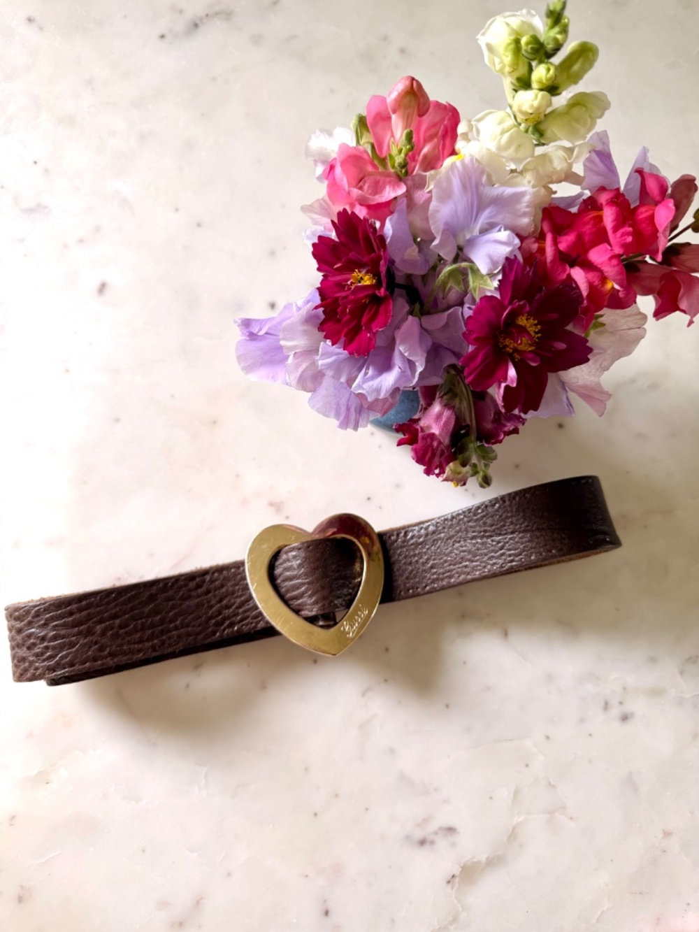 Gucci Gold Heart Buckle Belt in Brown Embossed Leather, Engraved Logo, Size 90